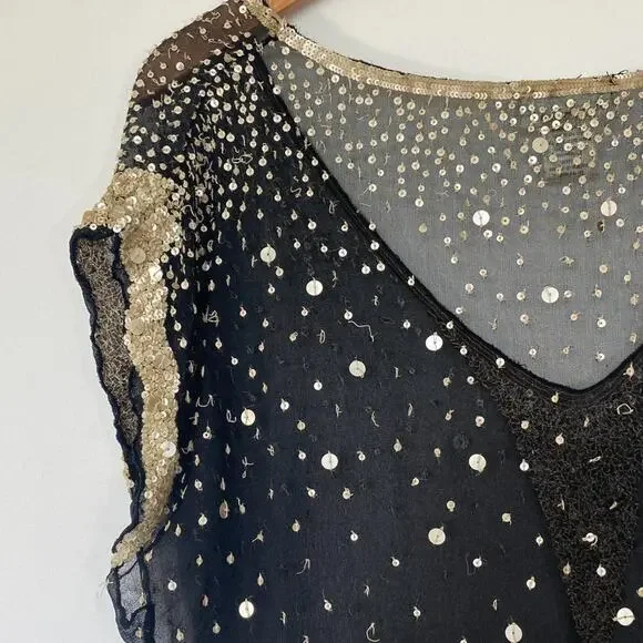 Vintage Shag Black Cream Sequin Embellished Blouse Top - Picture 10 of 16